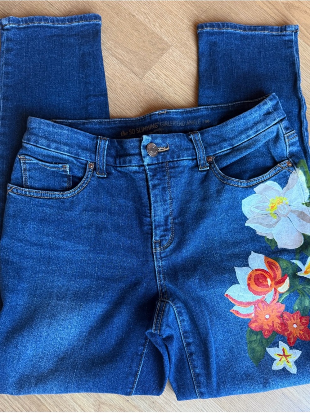 Chico’s So Slimming Girlfriend Ankle Jeans size 00 Medium Denim Upcycled Painted